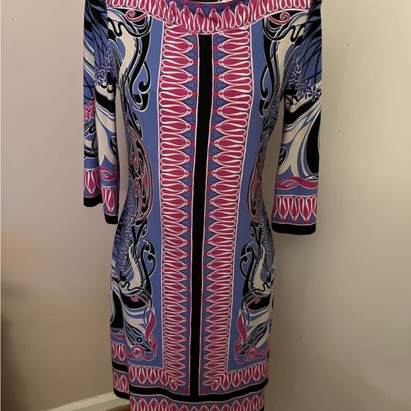 Donna Morgan Dress Womens 8 Blue Purple Pink Shift Stretchy Cruise Wear Batik - Picture 1 of 3